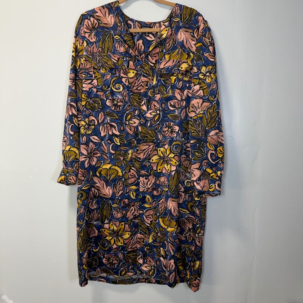 Jones New York Floral Long Sleeve Button Front Shirt Dress Blue Pink XL